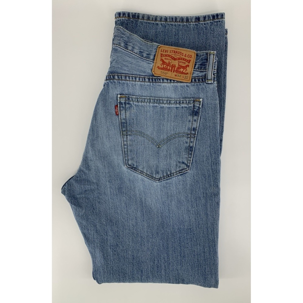 Levis 559 Jeans Mens 34x32 Blue Distressed Relaxed Straight Leg Light Wash Denim
